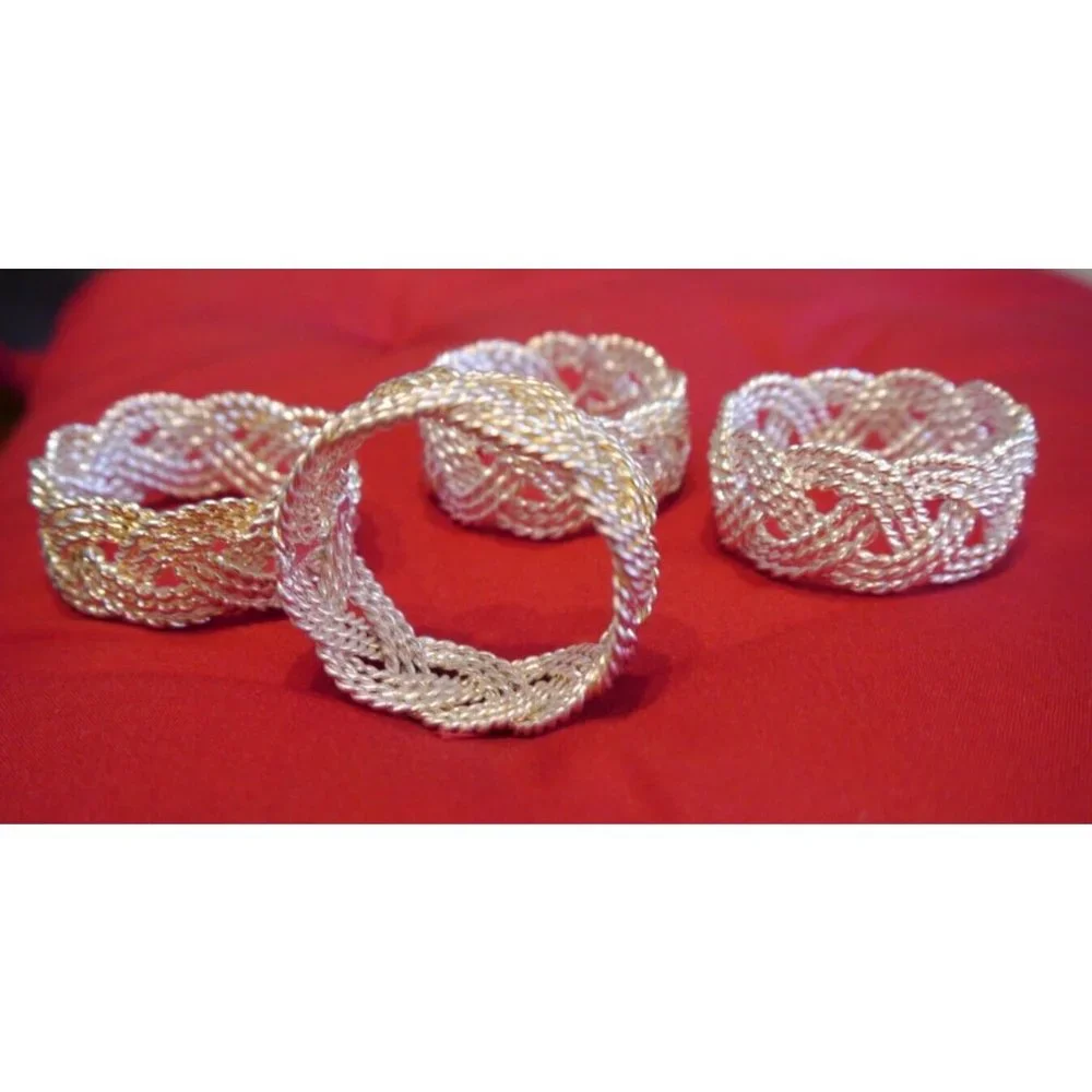 (4) Napkin Rings Nautical Braided Twisted Rope Style Vintage Wire Silver Tone